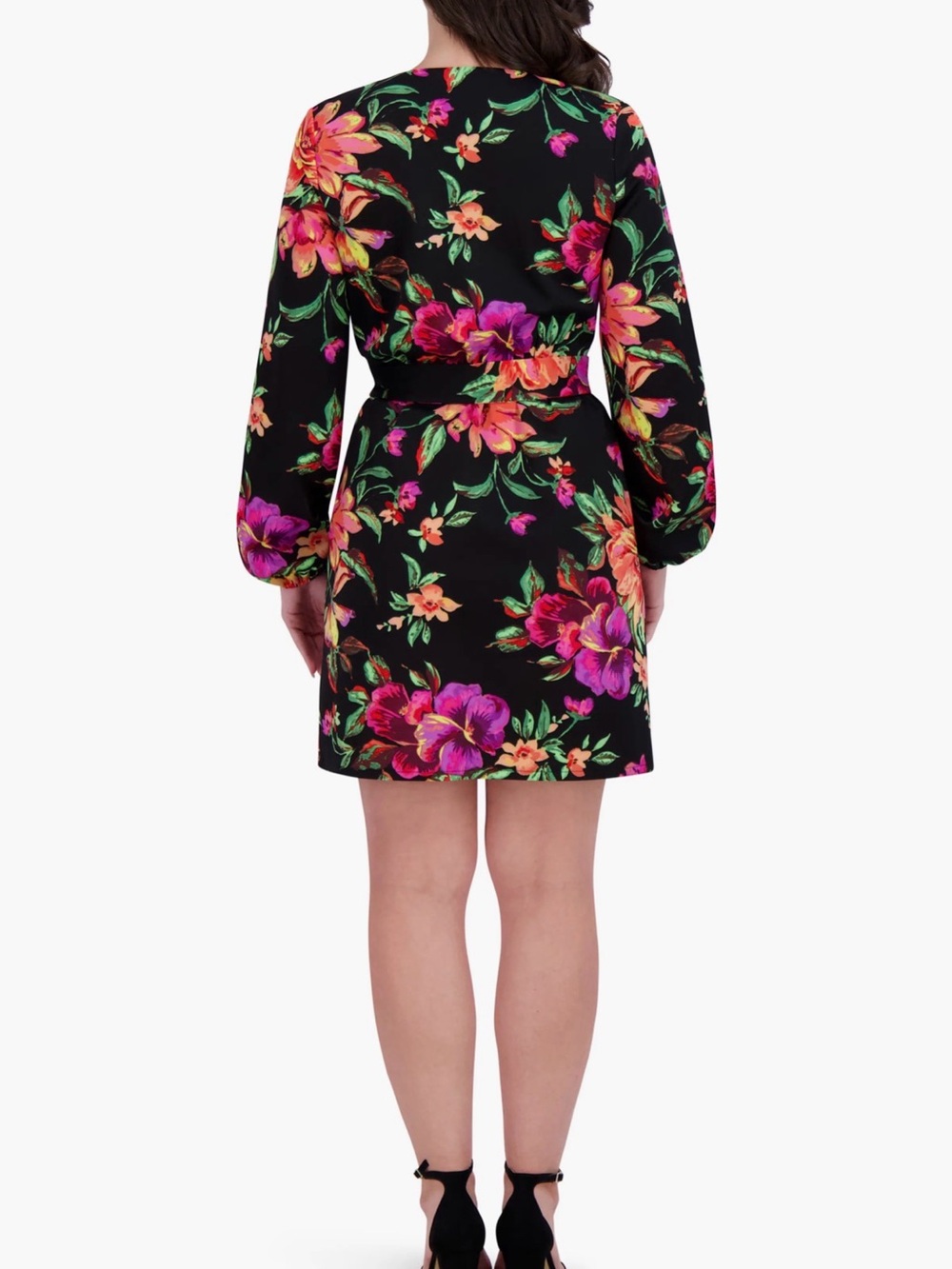 Siena Studio Black Floral Wrap Dress with Pink and Orange Blooms - Picture 3 of 11